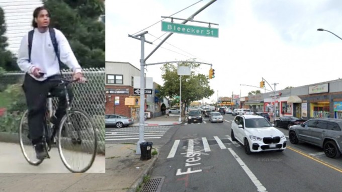 The suspect and the corner of Bleecker Street and Fresh Pond Road (NYPD and Google Maps)