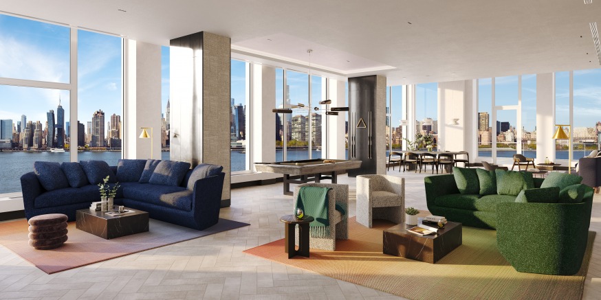 A rendering of the lounge area inside 52-41 Center Boulevard