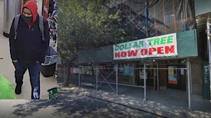 The suspect and Dollar Tree Store in Sunnyside (Photos NYPD and Google Maps)