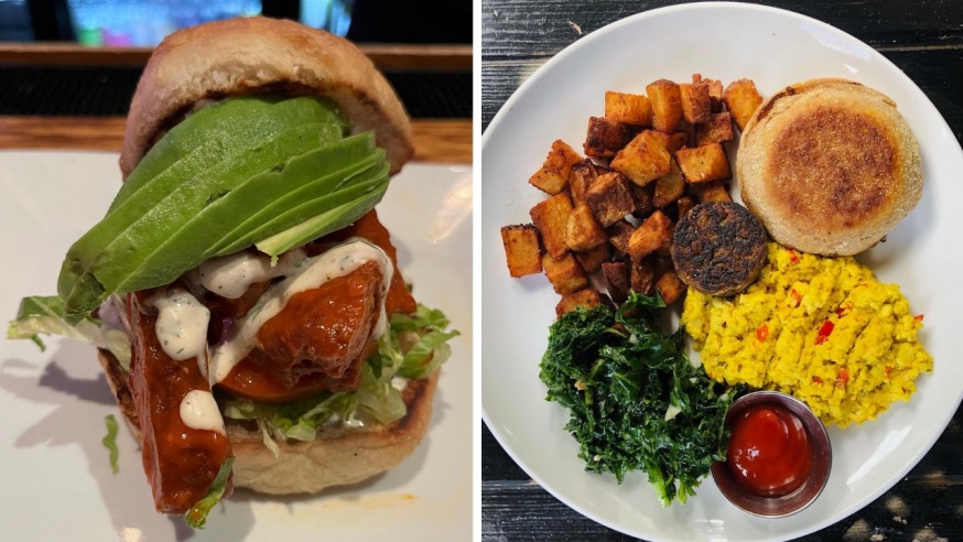 spicy Buffalo seitan sandwich (L) and Tofu Scramble plate (R) (Photos via Facebook)