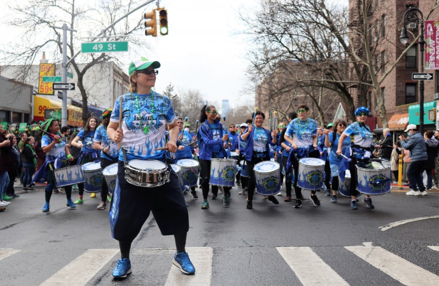 Fogo Azul, a 50 member, New York City-based all-women Brazilian Samba Reggae drum line band at the St. Pats For All 2022 (Photo by Michael Dorgan, Queens Post)