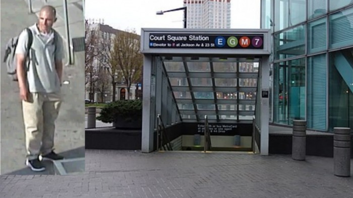 The suspect and an entrance to the Court Square Station (Photos NYPD and Tdorante10 via Wikipedia