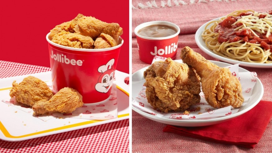 Jollibee is known for its signature Chickenjoy bucket (L) and other deep-fried chicken offerings as well as spaghetti dishes (R) (Photos via Instagram)
