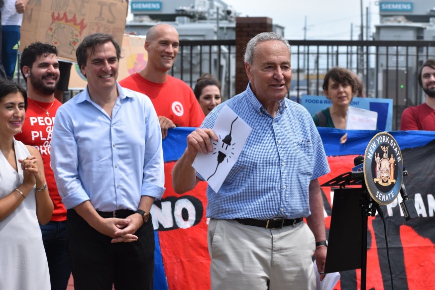 State Sen. Michael Gianaris, U.S. Senator Charles Schumer, State Senator Jesisca Ramos, Assembly Member Zohran Mamdani, and Tiffany Cabán held a press conference in July opposing the proposed NRG power plant in Astoria. (Courtesy: Office of State Sen. Gianaris)