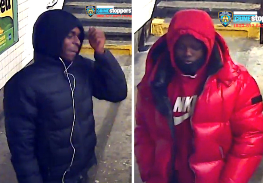 A man was allegedly pushed down a flight of stairs by two suspects, pictured at a Jamaica Hills subway station last week before being robbed at knifepoint. (Photos: NYPD)