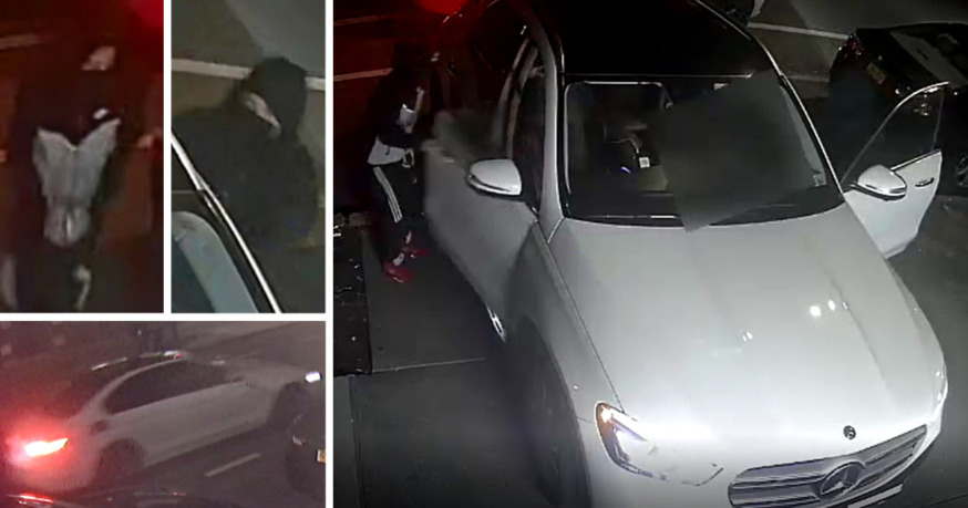 The police are looking for a group of suspects who carjacked a man at gunpoint in Flushing last month (Photos via the NYPD: the suspects (t.l.), sedan used by suspects (b.l.), and a screenshot of the carjacking (r)