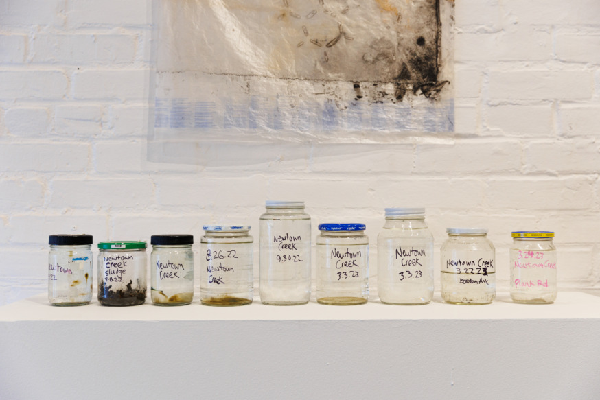 Water samples from Newtown Creek as part of artist Priscilla Stadler’s exhibition Sludge at Local Project Gallery in Long Island City on Saturday, May 20, 2023.