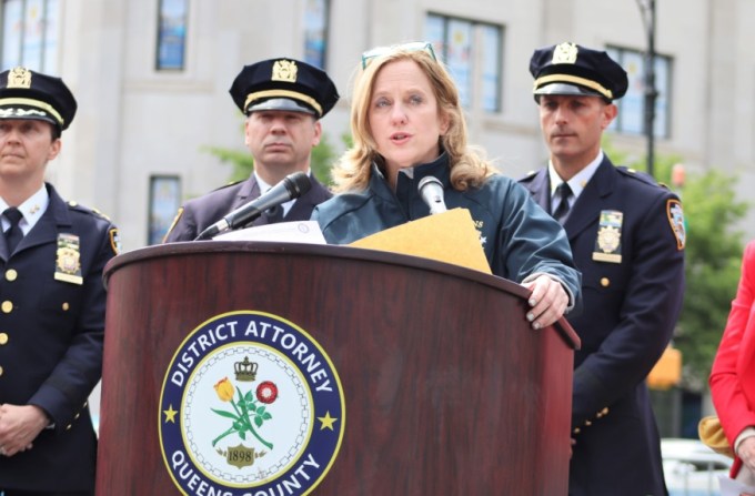 Queens District Attorney Melinda Katz speaking at the launch of the Astoria Merchants Business Improvement Program (Photo by Michael Dorgan)