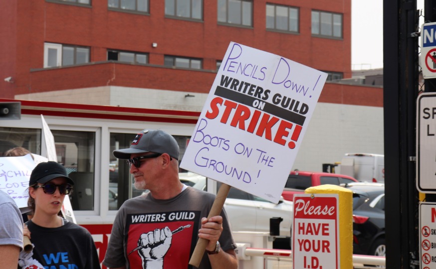 Writers Guild picket outside Silvercup Studios in Queens stops tv show production, as Hollywood Actors Guild Votes to authorize strike (Photo by Michael Dorgan)