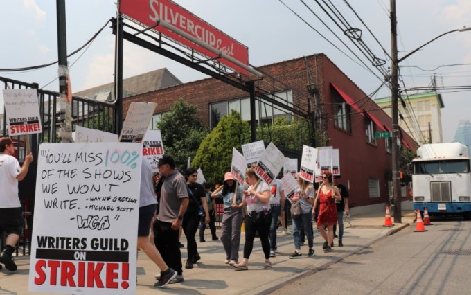 Writers Guild picket outside Silvercup Studios in Queens stops tv show production, as Hollywood Actors Guild Votes to authorize strike (Photo by Michael Dorgan)