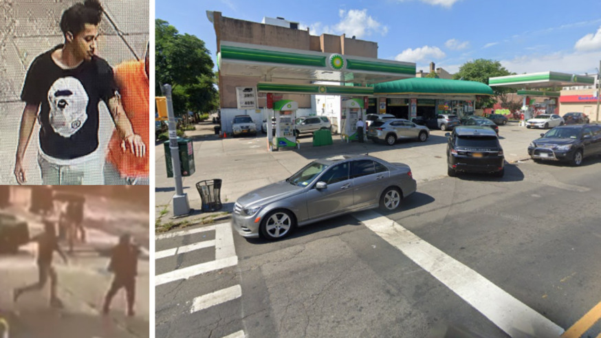 Photos the suspect and a screenshot of the second attack (L) and the BP Gas Station (Google Maps)