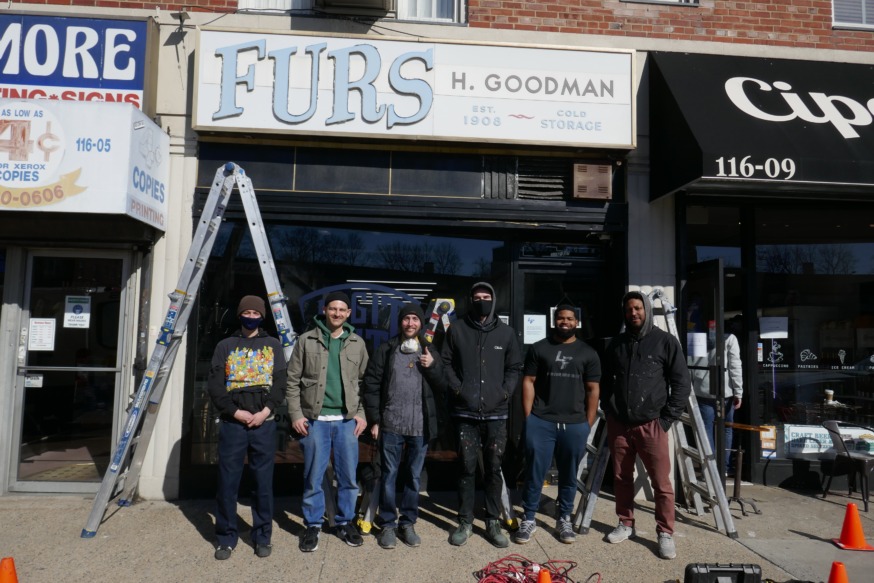 The sign salvage crew with David Barnett, 2nd from left with Michael Perlman & Chris of Legit Fit NYC, 2nd from right