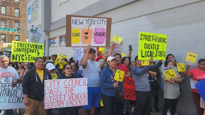 Protesters rally in Corona against alleged police harassment against street vendors. Credit: Shane O'Brien