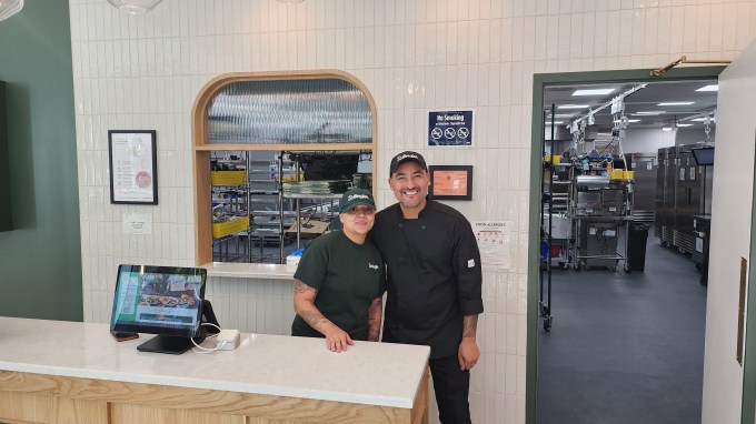 Wonder Astoria CEO Sergio Robles Delgado with employee Jasmin Aponte at the grand opening on Thursday. Photo: Shane O'Brien