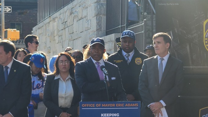 Mayor Eric Adams addresses the media during Thursday's press conference. Photo: Shane O'Brien