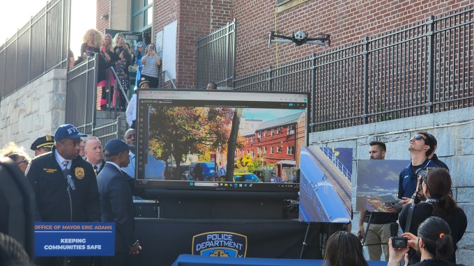 NYPD drone in flight during demonstration at Thursday's press conference. Photo: Shane O'Brien