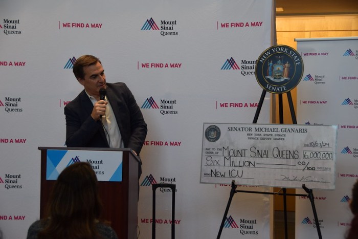 Mike Gianaris speaks at the announcement of $6 million in funding for a new intensive care unit at Mount Sinai Queens. Photo: Mike Gianaris YouTube