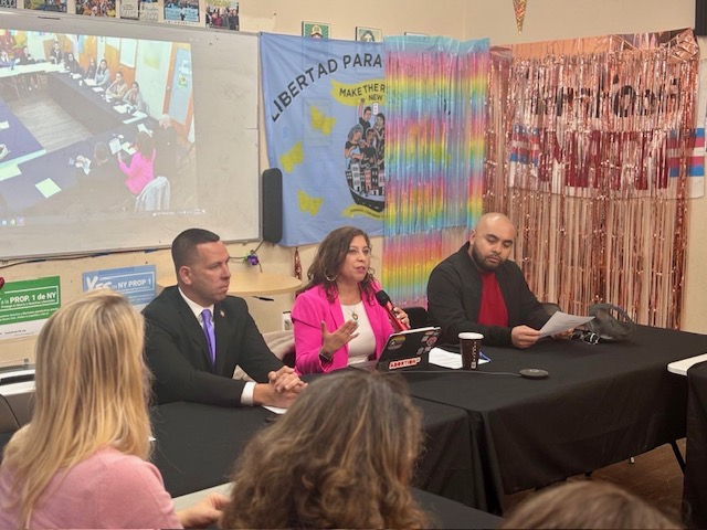 (From L to R) Assembly Members Brian Maher, Jessica González-Rojas and Steven Raga sit before a roundtable of advocates and local communities. Photo: Office of Jessica González-Rojas.