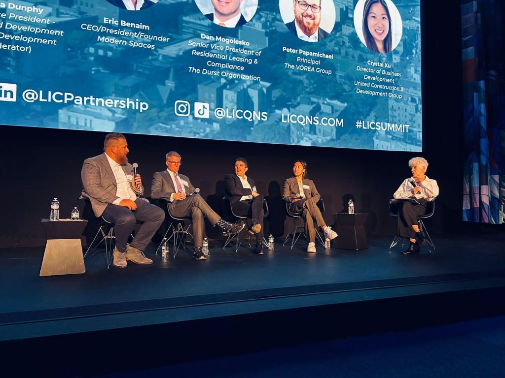 From left to right: Peter Papamichael, Dan Mogolesko, Eric Benaim, Crystal Xu and Patricia Dunphy at Tuesday's real estate panel discussion at LIC Summit. Photo: Charles Yu