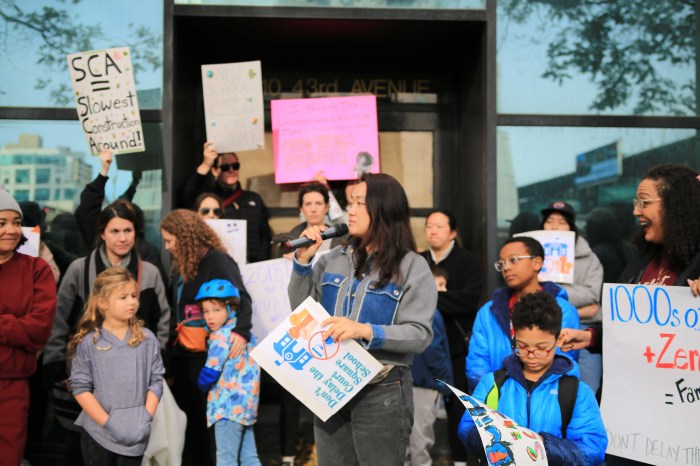 Council Member Julie Won speaks at Sunday's rally for Court Square school. Photo courtesy of the office of Julie Won.