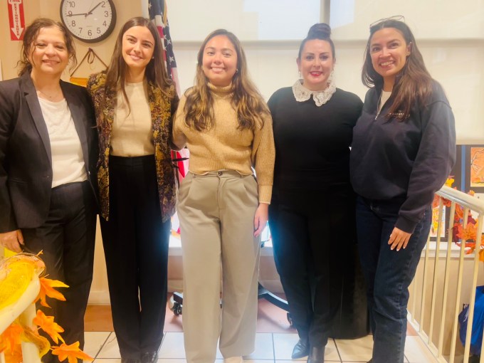 From left to right: [identifying], Sofia Pajaj, Program Director of HANAC Harmony JVL Older Adult Center, NY State Senator Kristen Gonzalez, Andrea Jerves, Director of Programming and Development at HANAC, and House Representative Alexandria Ocasio-Cortez, NY-14