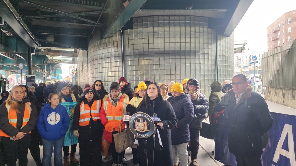 State Sen. Jessica Ramos speaks about quality of life issues on Roosevelt Avenue outside the 74 St-Broadway subway station. Photo: Shane O'Brien