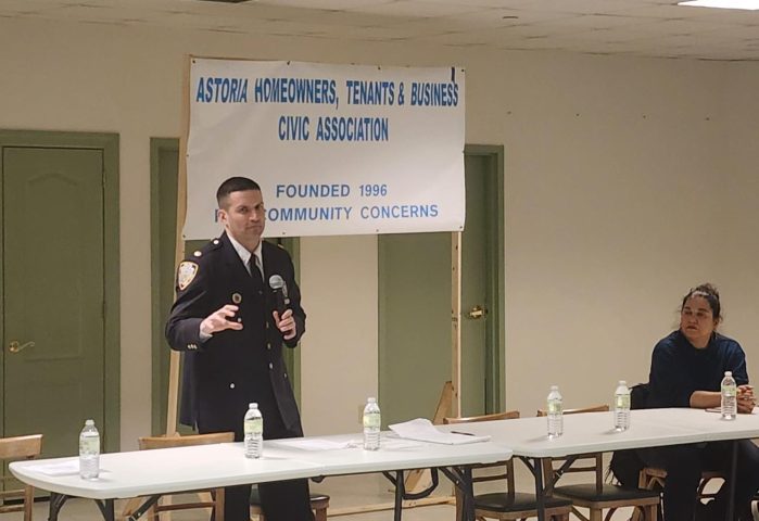 Deputy Inspector Seth Lynch of the 114th Precinct speaks to the Astoria community at Pistilli Grand Manor on Wednesday night. Photo: Shane O'Brien