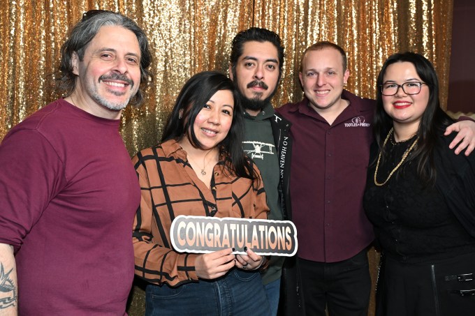 Tootles & French Events Manager Tony Lipari (left) and owner Chad Goldsmith (second from right) celebrate with friends after being named USA Today's Best New Restaurant. Photo: Ramy Mahmoud