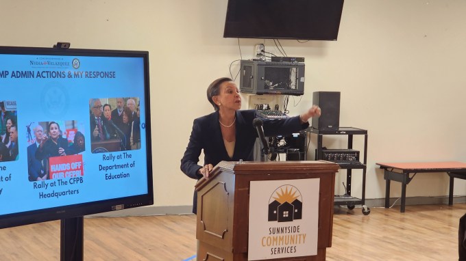 U.S. Rep. Nydia Velázquez addresses a town hall at Sunnyside Community Services. Photo: Shane O'Brien