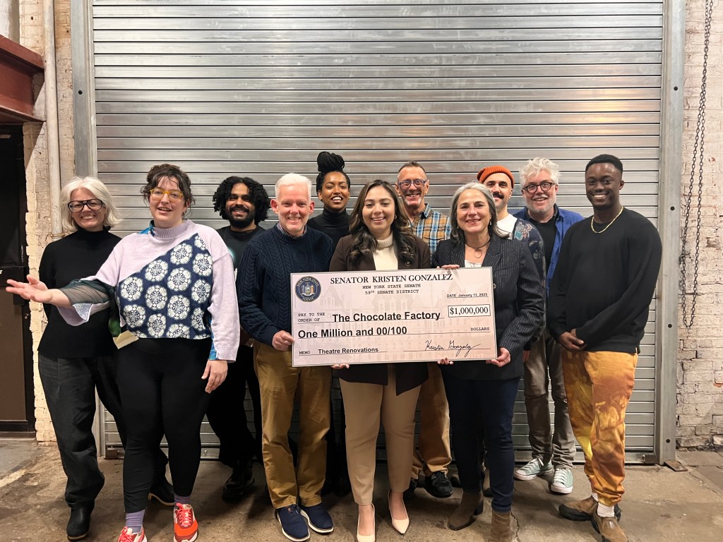 State Sen. Kristen Gonzalez presents the Chocolate Factory Theater with $1 million grant last month. Photo: Office of State Sen. Kristen Gonzalez