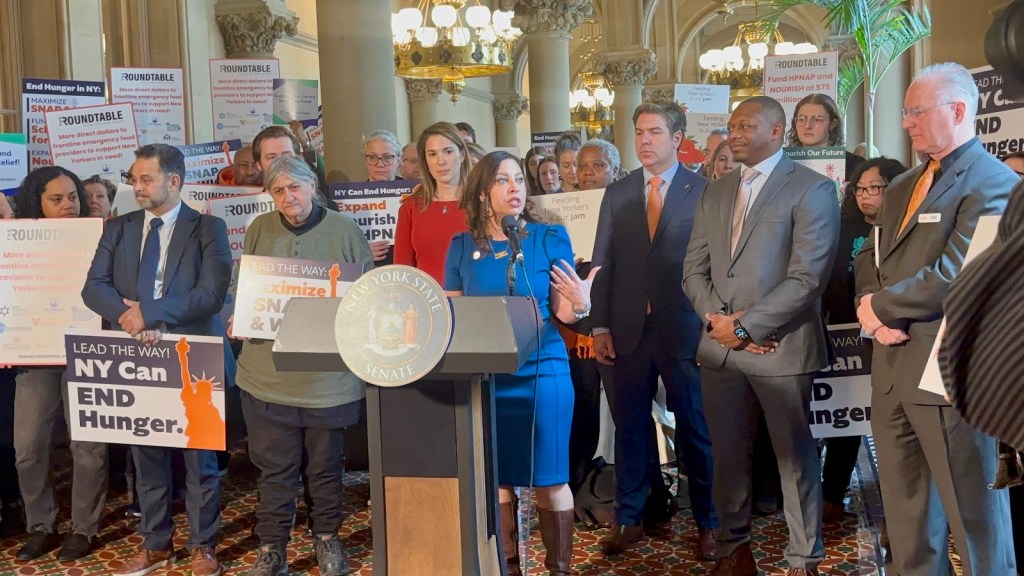 Assembly Member Jessica González-Rojas speaks at the State Capitol to call for measures to address food insecurity. Photo: Office of Assembly Member Jessica González-Rojas