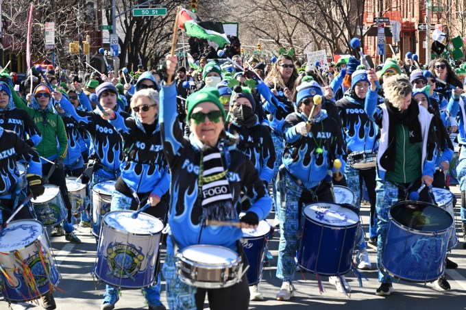 Brazilian marching band Fogo Azul takes part in the St. Pat's for All Parade. Photo: Ramy Mahmoud