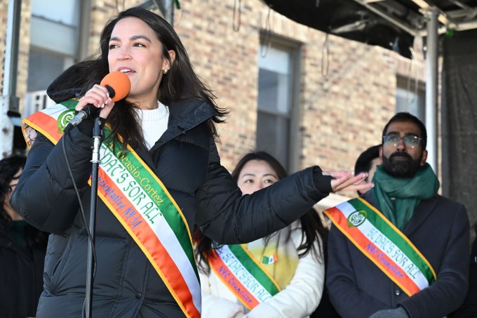 Ocasio-Cortez speaks during St. Pat's for All. Photo: Ramy Mahmoud