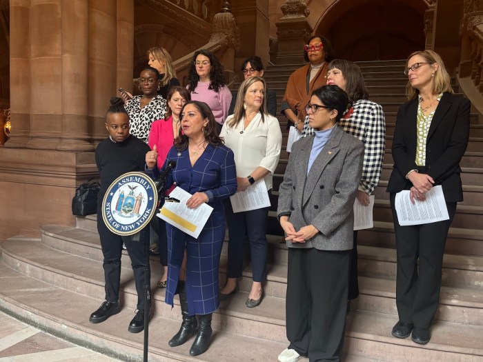 Assembly Member Jessica González-Rojas joined gender equity advocates and fellow elected officials on the steps of the Capitol last week. Photo: Office of Jessica González-Rojas