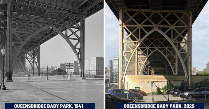 Queensbridge Baby Park (Credit: The NYC Municipal Library and Archives, 1941). Queensbridge Baby Park in 2025 (Credit: The Office of Council Member Julie Won).