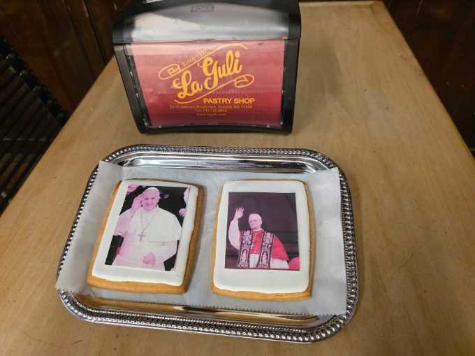 La Guli Bakery's new Pope Leo Cookie (right) and former Pope Francis Cookie (left). Photo: Shane O'Brien