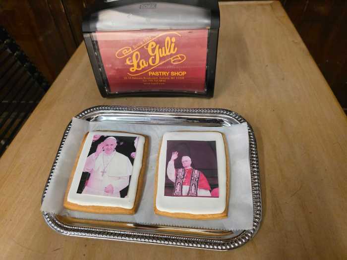 La Guli Bakery's new Pope Leo Cookie (right) and former Pope Francis Cookie (left). Photo: Shane O'Brien