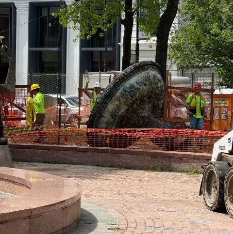 The Court Square Park fountain is removed as part of planned renovation work. Photo courtesy of Iztvan Ritz.