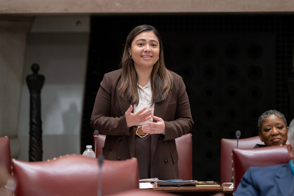 State Sen. Kristen Gonzalez speaks in the State Senate. Photo courtesy of office of State Sen. Kristen Gonzalez.