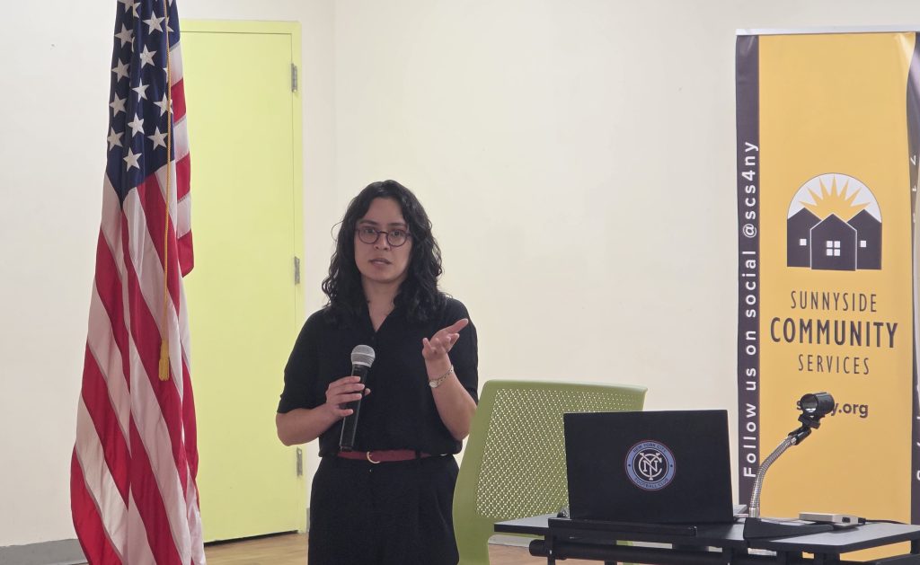 Assembly Member Claire Valdez speaks at a town hall at Sunnyside Community Services on Monday, June 2. Photo: Shane O'Brien.