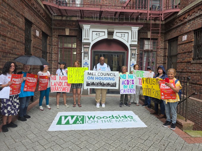 Assembly Member Claire Valdez, Woodside on the Move, the Met Council on Housing and Sunnyside residents protest against alleged tenant harassment at 43-33 48th St. Photo: Shane O'Brien. 