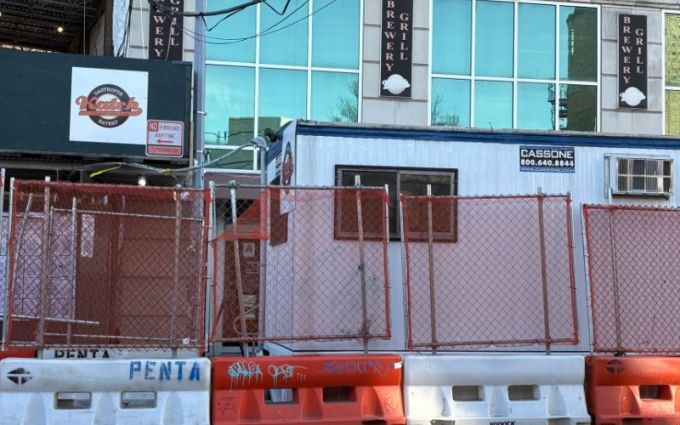 A construction trailer outside Katch Astoria. Photo: Roseann McSorley.
